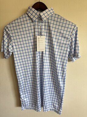 Collars & Co. Mens Small Dress Collar Polo Shirt Blue Check Lightweight Wrinkle